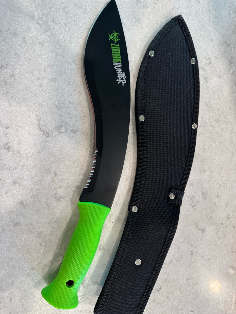16" Zombie Hunter Machete Fixed Blade Khukri Survival Knife Serrate Green Handle